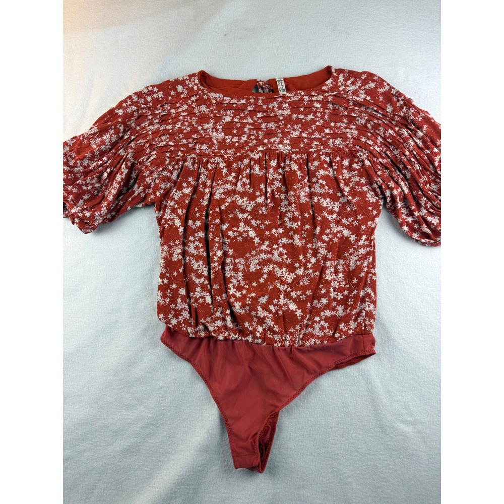 Free People Bodysuit Red Floral Print Blouse Short‎ Puff Sleeve Top